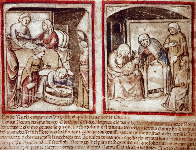 Ruth dà alla luce Obed, figlio di Boaz. Miniatura dal codice 212 (o codice padovano o Bibbia di Padova) 1390-1400 Rovigo, Accademia dei Concordi