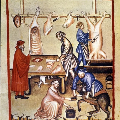 Produzione di carne di maiale. Tacuinum sanitatis. Seconda metà del XIV secolo